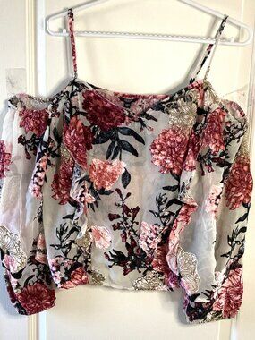Guess Women's Sheer Cold-Shoulder Floral Blouse Long Sleeve Top Whimsigoth